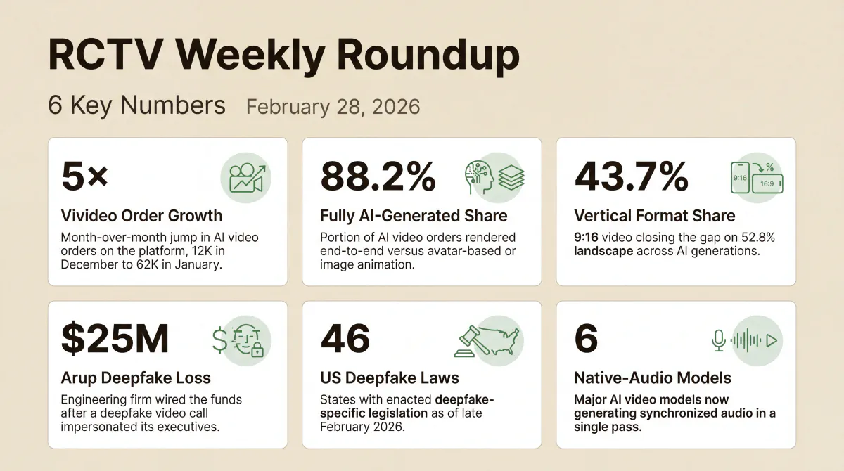 Six numbers from the February 28 roundup: Vivideo's 5× month-over-month order growth (12K to 62K), 88.2% of orders fully AI-generated, 43.7% vertical-format share, $25M lost by Arup to a deepfake video-call impersonation, 46 US states with enacted deepfake legislation, and 6 major AI video models now generating native audio.