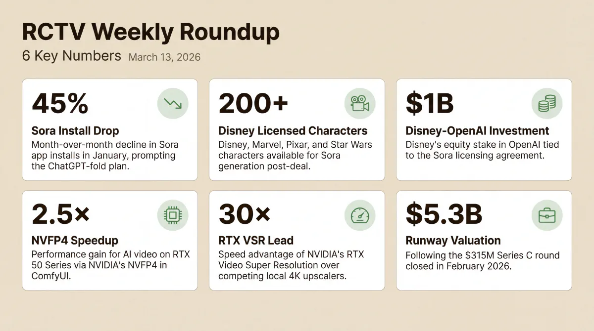 Six numbers from the March 13 roundup: 45% month-over-month Sora install drop in January, 200+ Disney/Marvel/Pixar/Star Wars characters licensed for Sora, $1B Disney equity investment in OpenAI, 2.5× AI video speedup on RTX 50 via NVIDIA NVFP4, 30× speed lead for RTX Video Super Resolution, and Runway's $5.3B valuation after a $315M Series C.