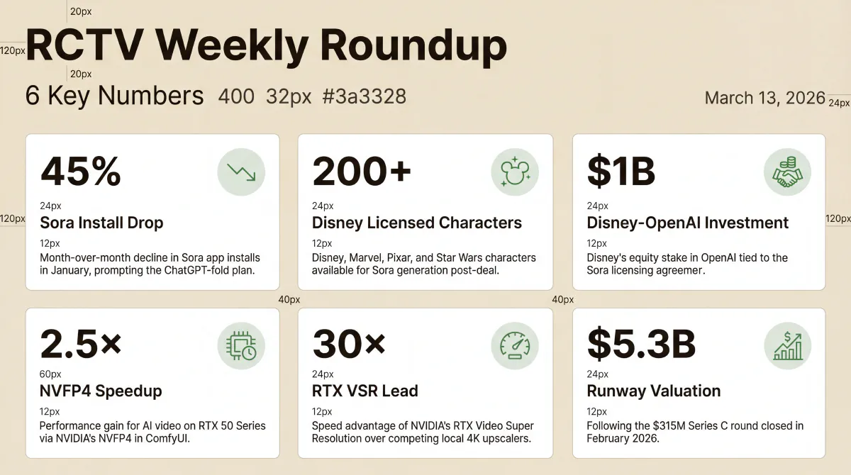 Six numbers from the March 13 roundup: 45% month-over-month Sora install drop in January, 200+ Disney/Marvel/Pixar/Star Wars characters licensed for Sora, $1B Disney equity investment in OpenAI, 2.5× AI video speedup on RTX 50 via NVIDIA NVFP4, 30× speed lead for RTX Video Super Resolution, and Runway's $5.3B valuation after a $315M Series C.