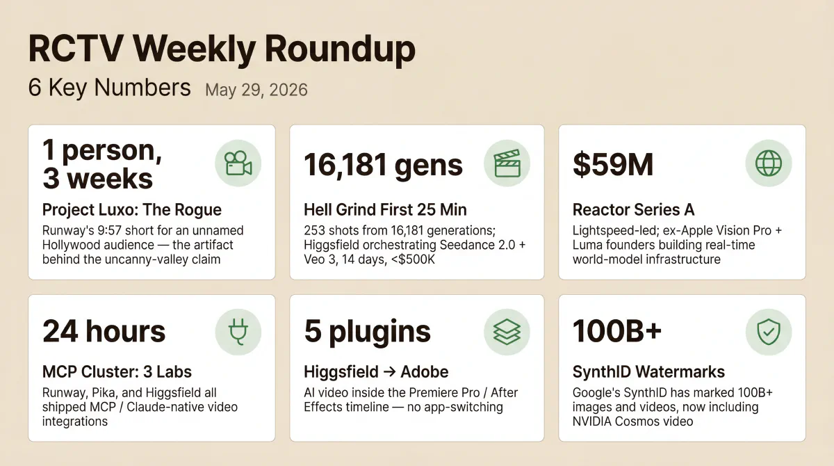 Six stats from the June 1 roundup: Runway's Project Luxo screened three short films and a spec ad for an anonymous Hollywood audience; Hell Grind ran 16,181 AI generations to cut 253 shots in its first 25 minutes using Higgsfield orchestrating Seedance 2.0 and Veo 3; Reactor exited stealth with $59M to build real-time world-model infrastructure; Runway, Pika, and Higgsfield shipped MCP integrations within 24 hours; Higgsfield launched five Adobe Premiere Pro and After Effects plugins; and SynthID has now watermarked over 100 billion images and videos.