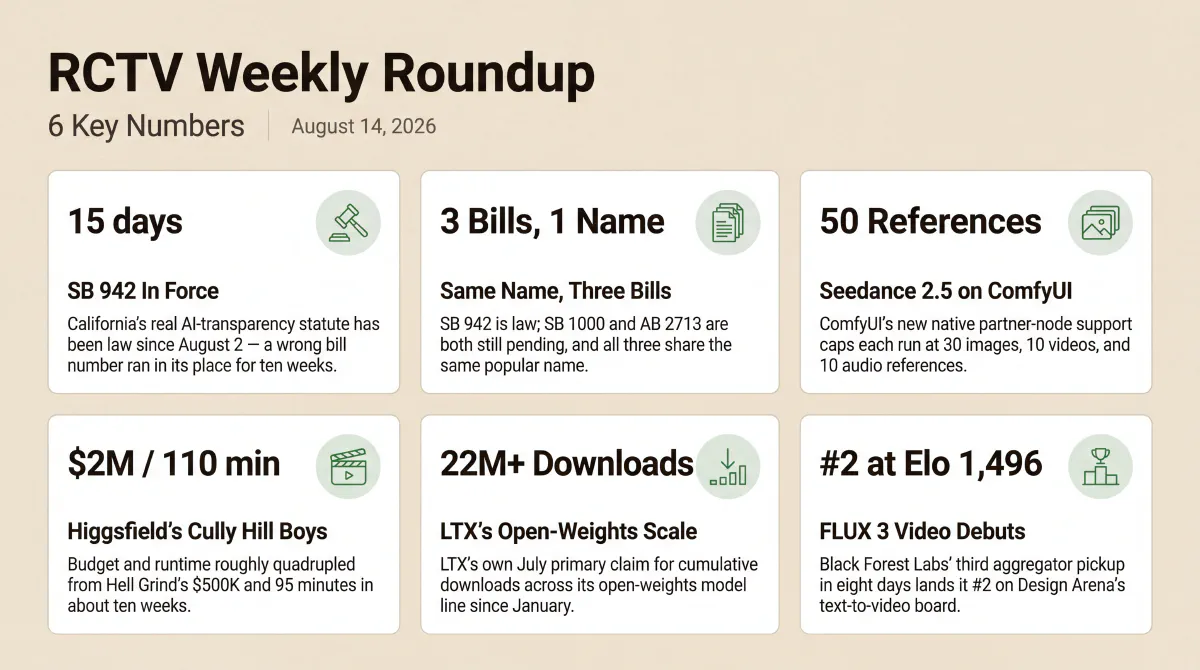 Six stats from the week SB 942 — not SB 1000 — turned out to be the real, already-in-force California AI-transparency law; three different bills share that law's popular name; ComfyUI's new Seedance 2.5 support caps at 50 reference assets per run; Higgsfield's Cully Hill Boys roughly quadrupled Hell Grind's budget and runtime in about ten weeks; LTX's own claim puts cumulative downloads across its open-weights line above 22 million; and Black Forest Labs' FLUX 3 Video landed #2 on Design Arena's text-to-video board after its third aggregator pickup in eight days.