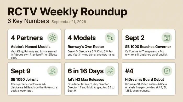 Six stats from the week: Adobe names four partner models — Veo, Kling, Runway and Luma — in its new Premiere and After Effects tool; Runway's own separate plugin carries a different four-model roster, Gen-4.5, Seedance 2.5, Kling 3.0 Pro and Veo 3.1; California's SB 1000 reached the Governor's desk September 2 and SB 1050 followed September 9, both still unsigned; fal shipped six H3 Max releases in sixteen days; and HiDream-O1-Video debuted at #4 on Artificial Analysis's image-to-video board without a launch announcement.