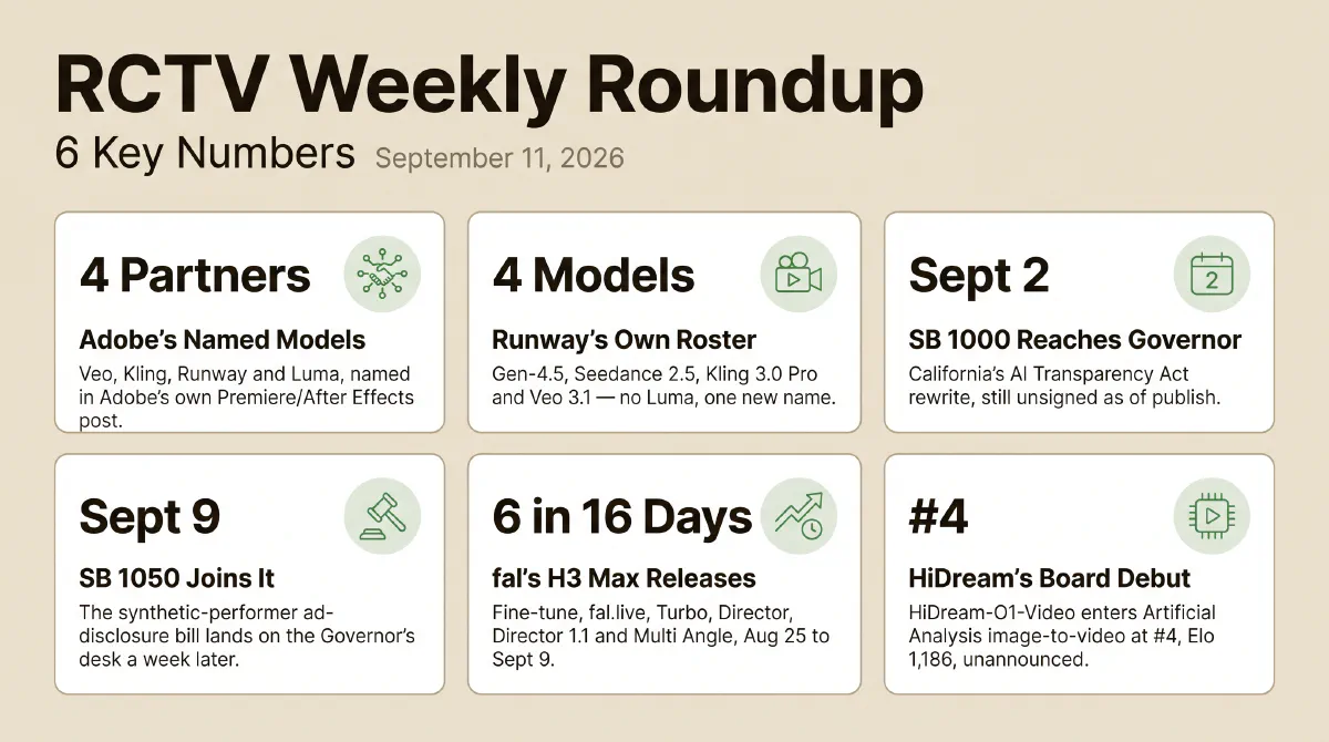 Six stats from the week: Adobe names four partner models — Veo, Kling, Runway and Luma — in its new Premiere and After Effects tool; Runway's own separate plugin carries a different four-model roster, Gen-4.5, Seedance 2.5, Kling 3.0 Pro and Veo 3.1; California's SB 1000 reached the Governor's desk September 2 and SB 1050 followed September 9, both still unsigned; fal shipped six H3 Max releases in sixteen days; and HiDream-O1-Video debuted at #4 on Artificial Analysis's image-to-video board without a launch announcement.
