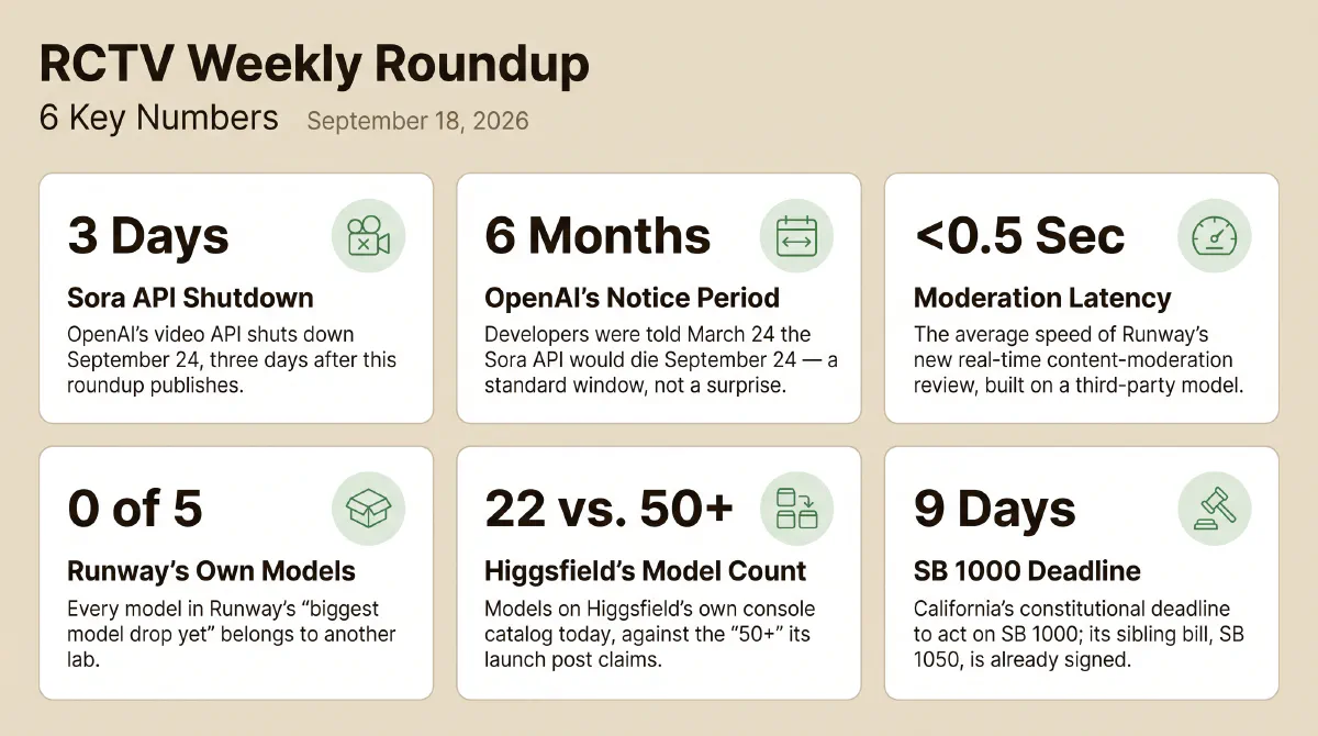 Six stats from the week: OpenAI's Sora API goes dark three days after this roundup publishes, six months after its own notice; Runway's new moderation system averages under 0.5 seconds per review; Runway's 'biggest model drop yet' contains zero of its own models across five additions; Higgsfield's console catalog lists 22 models against the '50+' its launch post claims; and California's SB 1000 sits nine days from its constitutional deadline after its sibling bill, SB 1050, was signed into law.