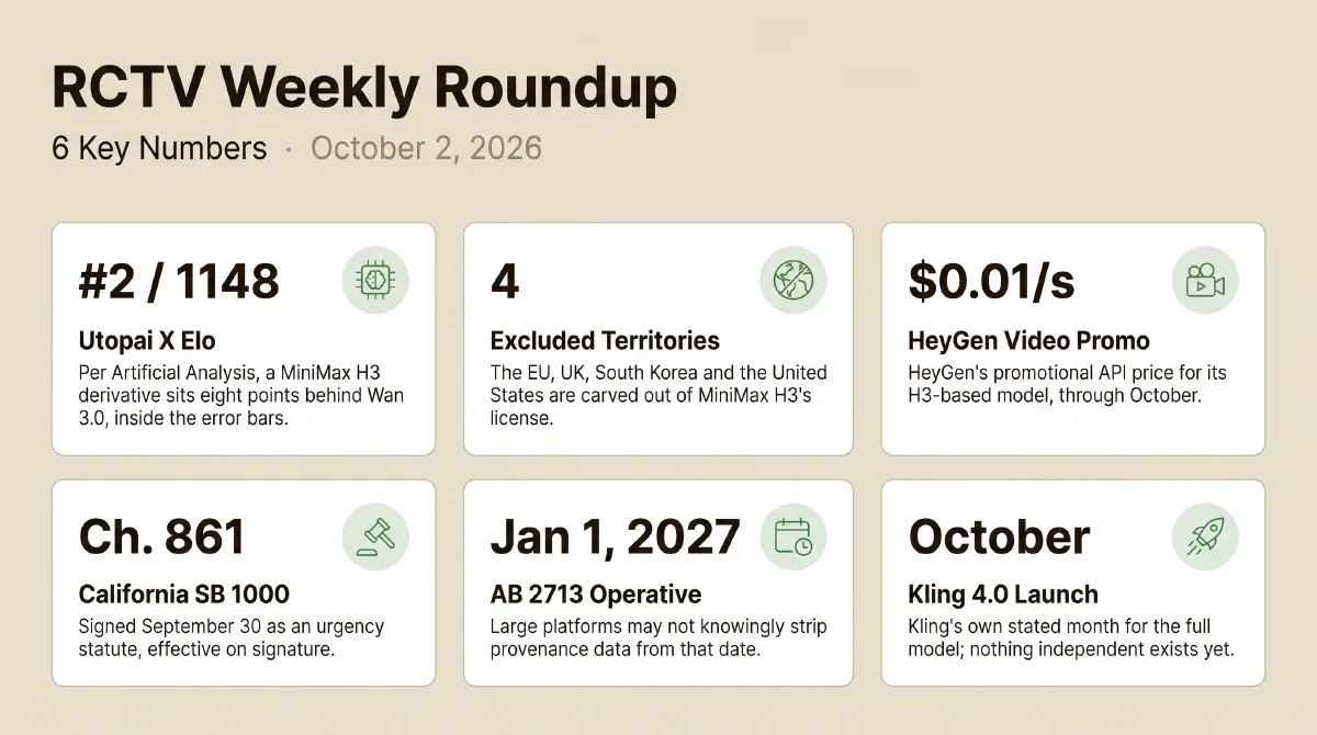 Six stats from the week ending October 2, 2026: Utopai X, which Artificial Analysis lists as built on MiniMax H3, ranks second on its rebuilt text-to-video board at 1148 Elo; MiniMax H3's license excludes four territories including the United States; HeyGen Video 1.0's promotional price is $0.01 per second through October; California's SB 1000 became Chapter 861 on September 30; AB 2713's platform provenance duty starts January 1, 2027; and Kling says its 4.0 launch lands in October.